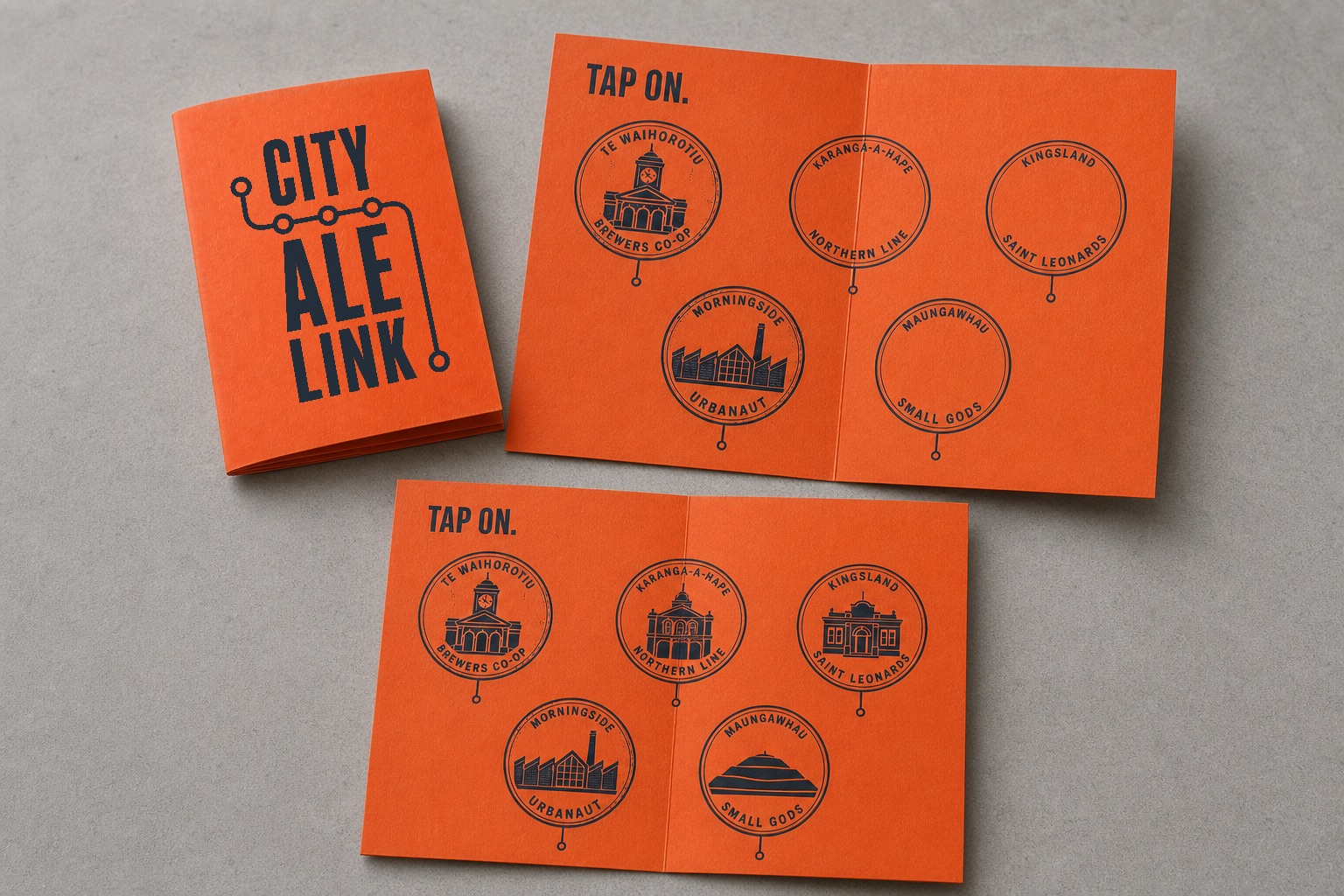Orange City Ale Link passports shown closed, incomplete and completed with all five venue stamps.